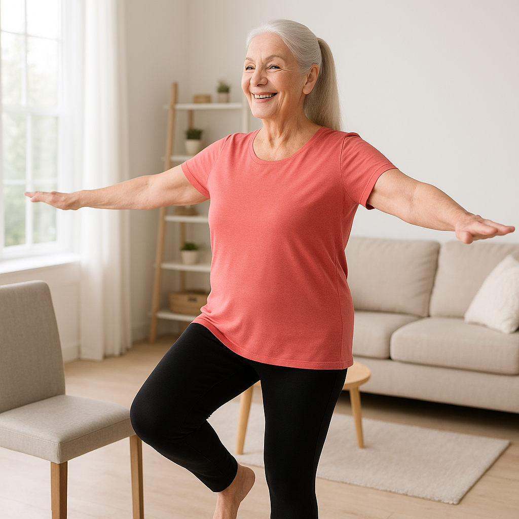 Senior woman doing balance and coordination exercises