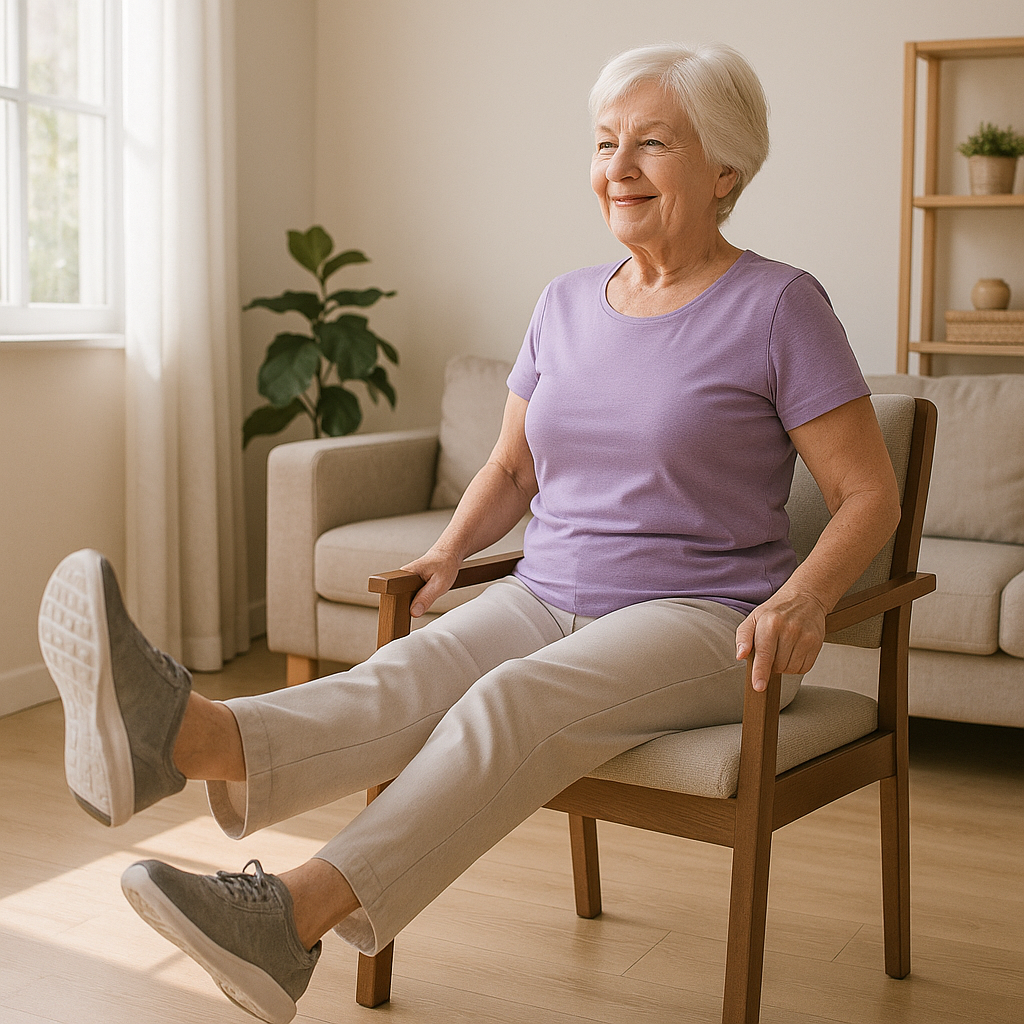 Senior woman doing chair assisted leg strengthening